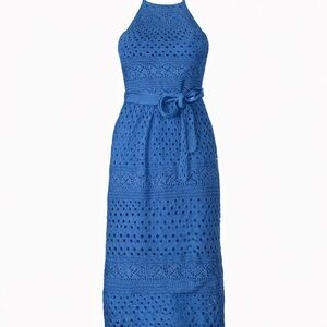 Lulus Blue Crochet Halter Midi Dress with Waist Tie